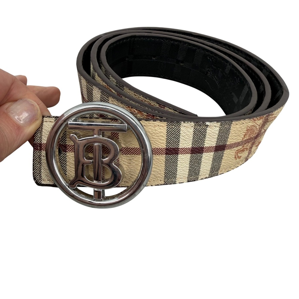 Burberry Reversible Belt Mens TB Monogram Buckle House Check Black Embossed 40